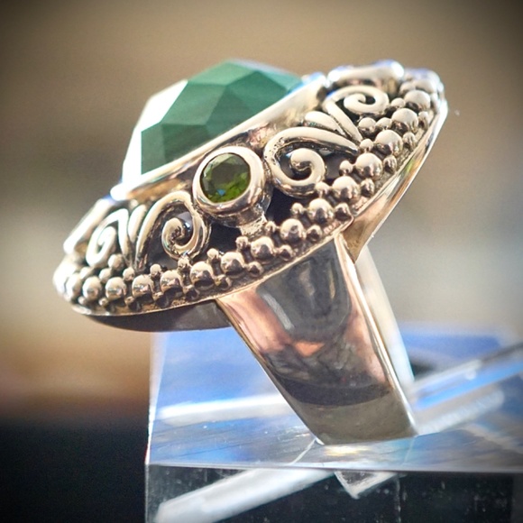 Silver & Malachite & Gemstones Ring SZ 5 - Picture 2 of 3